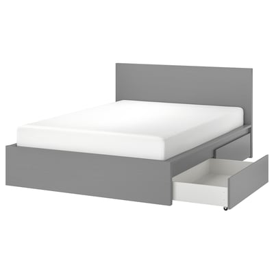 Modern grey MALM bed with white mattress, clean design, one drawer open.
