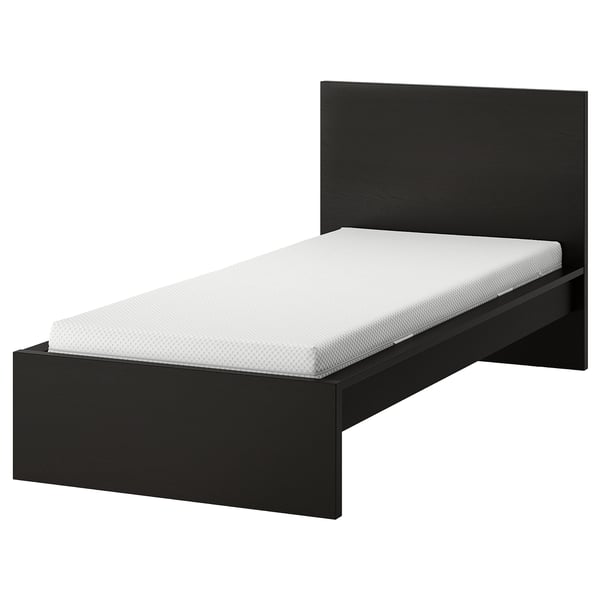 A black MALM single bed with a white mattress and a high headboard.