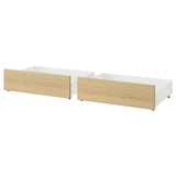 Ikea MALM white bed storage boxes with oak fronts, rectangular, rolling design.