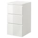 Option: A white MALM chest with three drawers. Its sleek, modern, with a glossy finish, and made of particleboard and fiberboard.