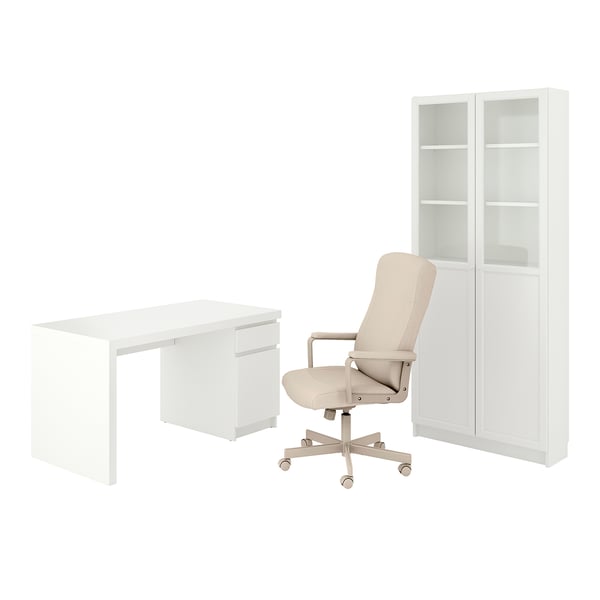 Home office set: white desk, chair, cabinet. Modern, minimalist design.