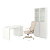 Home office set: white desk, chair, cabinet. Modern, minimalist design.