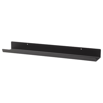 Black wall-mounted picture ledge shelf; minimalist design, metal construction.