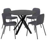 A modern, round black dining table with a sleek, x-shaped steel base and four matching grey fabric chairs with metal legs.