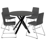 A black round dining table with a metallic base and four matching chairs. The chairs have gray upholstered seats and backs with metal legs.