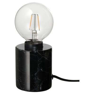This image a lightweight, elegantly designed MARKFROST lamp with a black marble base and a spherical led light bulb emitting a warm glow.