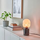 Decorative lamp on table, small, warm glow, near plant and books, black marble base.