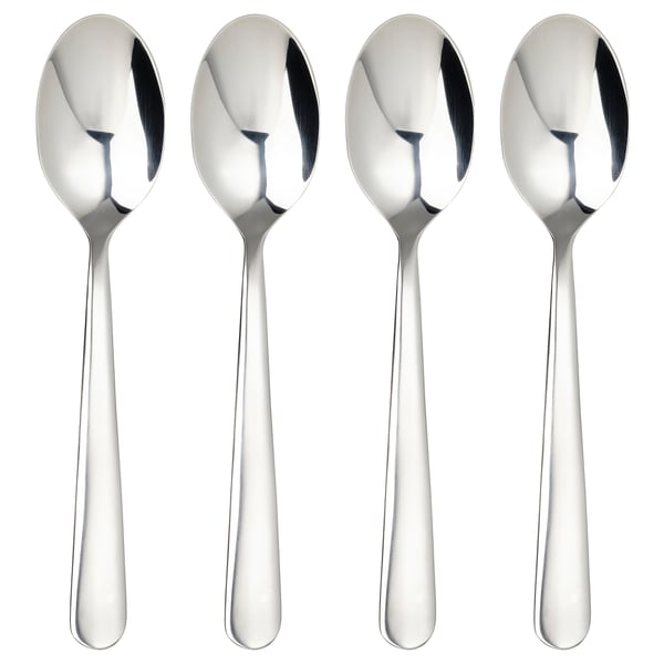 Four polished, stainless steel MARTORP tea spoons, laid in a row.