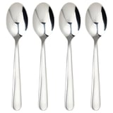 Four polished, stainless steel MARTORP tea spoons, laid in a row.