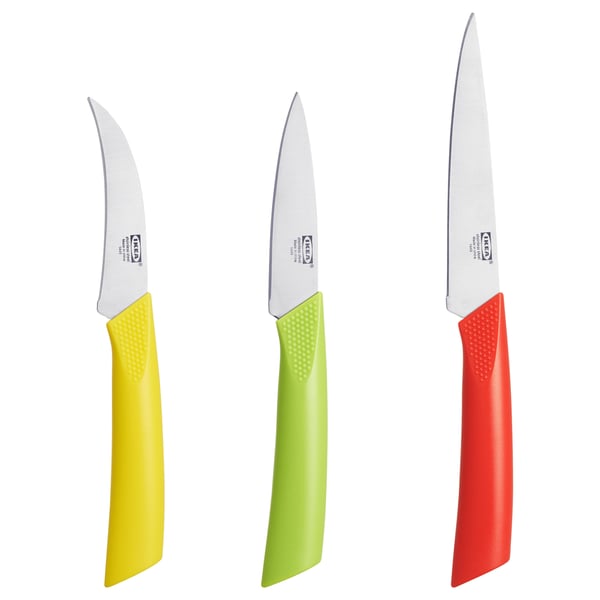 Three knives in yellow, green, and red colors with stainless steel blades and plastic handles are displayed side by side.
