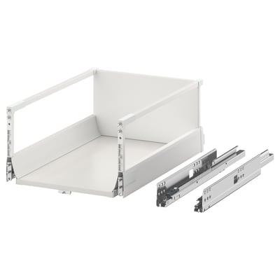 MAXIMERA white drawer system with metal runners, fully extendable, slow-close mechanism, sleek modern design.