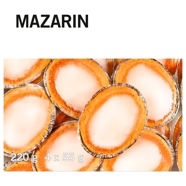 Image displays MAZARIN cookies, shown in individual foil wrappers. Total weight 220g, four units of 55g.