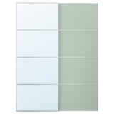 A modern, minimalist closet with sliding doors. One side has frosted glass, the other side is white with a sleek design.