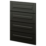 Black modern kitchen cabinets with beveled edges and vertical lines.