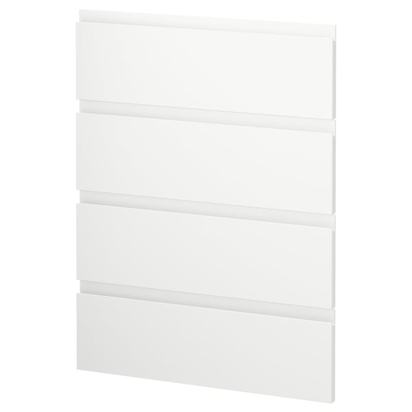 White METOD kitchen with voxtorp drawers, minimalist design.