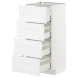 A white METOD kitchen cabinet with four drawers, each partially open, featuring a clean, modern design.
