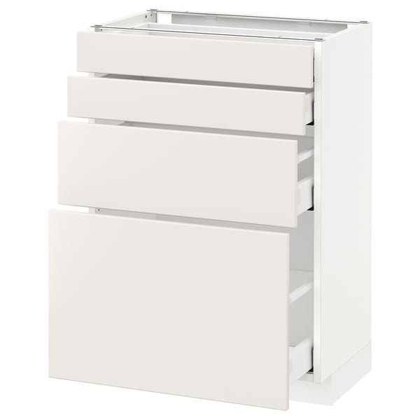 A white ikea METOD kitchen cabinet with multiple drawers featuring a sleek, modern design.