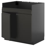 Dark gray modern kitchen cabinet with sleek, handle-less design.