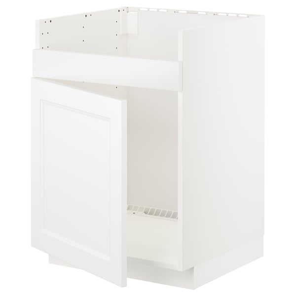 A white ikea METOD kitchen cabinet base with a single door and pre-drilled holes for mounting.