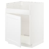 A white ikea METOD kitchen cabinet base with a single door and pre-drilled holes for mounting.