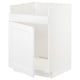 A white ikea METOD kitchen cabinet base with a single door and pre-drilled holes for mounting.