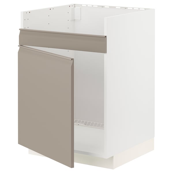 A modern ikea METOD kitchen cabinet in white with beige doors.