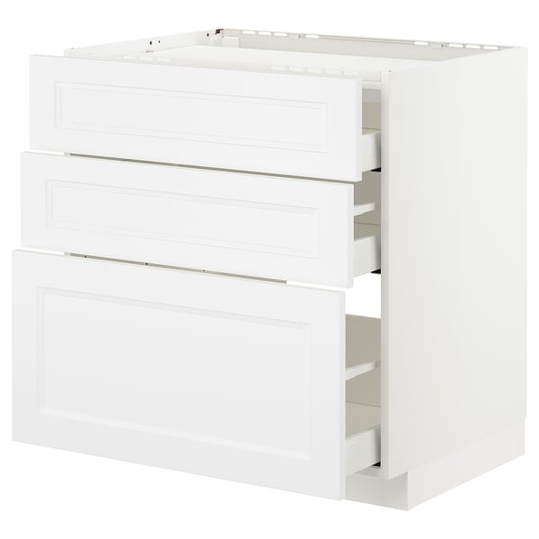 This image shows a white ikea METOD kitchen cabinet with three pull-out drawers, designed for organized storage with a modern and clean look.
