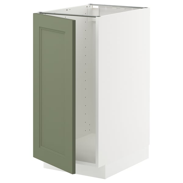 METOD kitchen unit in grey-green with white cabinet, square shape, panels.