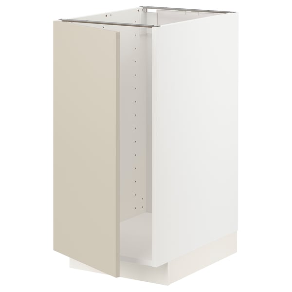 A white and beige METOD kitchen cabinet with sleek, smooth surfaces and modern design.