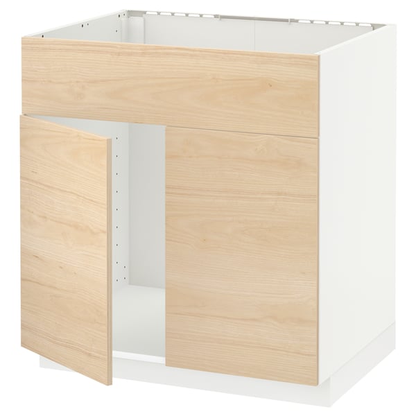 A METOD storage unit in light ash wood and white. It has a rectangular shape with three compartments and is designed for kitchen use.