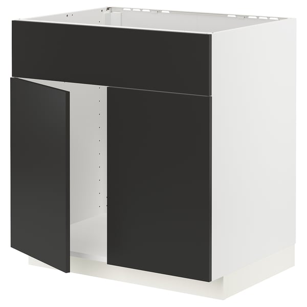Modern kitchen unit with black doors and white frame.