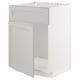 An ikea METOD kitchen cabinet with a light gray lerhyttan front. It a sturdy frame, beveled edges, and snap-on hinges.