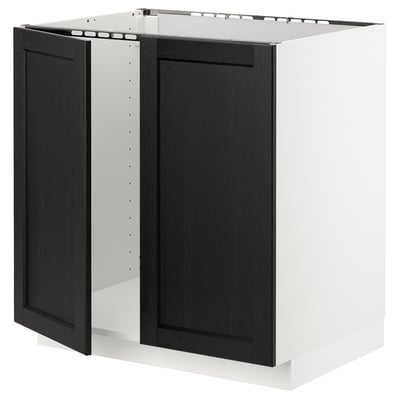 METOD kitchen unit, black stained wood, rectangular base cabinet with open side panel.