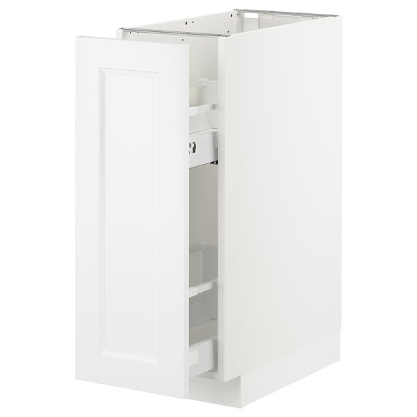 White METOD kitchen cabinet with glass door, sleek minimalist design.