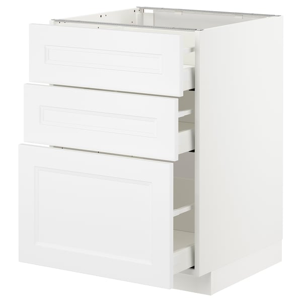 White METOD kitchen cabinet, three drawers, modern design, sturdy and sleek.