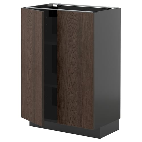 A dark grey METOD kitchen cabinet with brown wood doors, featuring adjustable shelves and a sturdy frame.