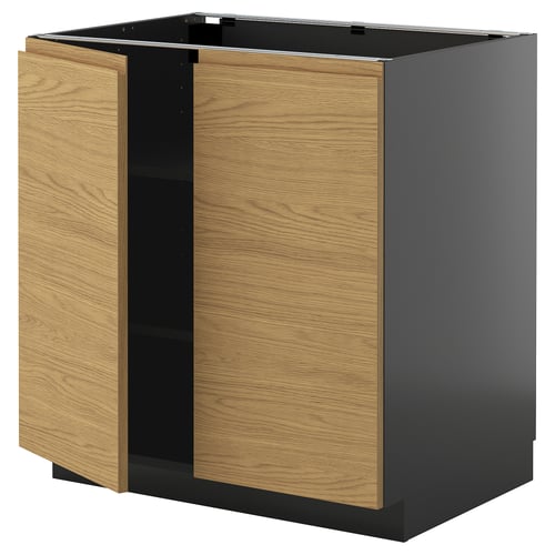 METOD kitchen cabinet with oak-front, dark gray top, and two open wooden doors, modern minimalist.