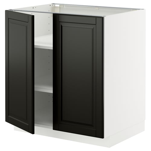 METOD kitchen unit with black beveled doors, adjustable shelves, white base, square shape.