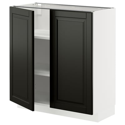 Black METOD kitchen cabinet with two open doors, white interior, adjustable shelves.