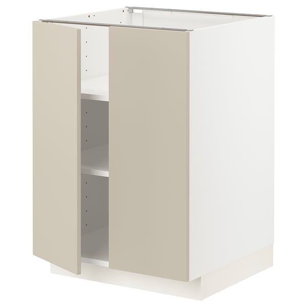 Depicts a METOD kitchen cabinet in beige with a white base. The cabinet two open doors, revealing adjustable shelves inside.
