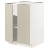 Depicts a METOD kitchen cabinet in beige with a white base. The cabinet two open doors, revealing adjustable shelves inside.