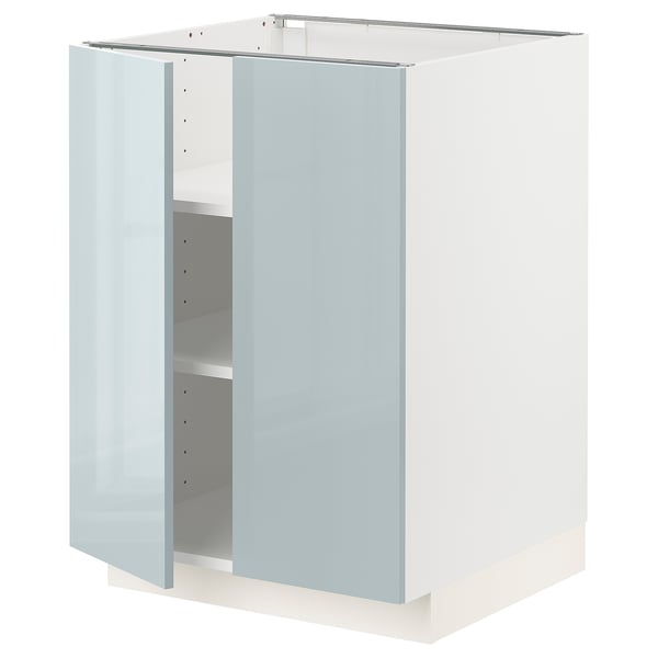 Modern modular cabinet in high-gloss light blue with adjustable shelves.