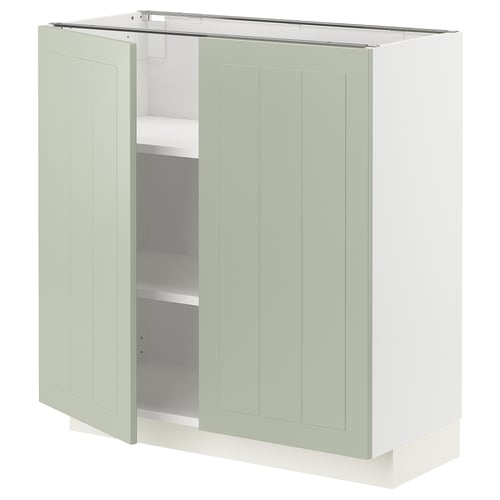 METOD kitchen cabinet in green with white interior, square shape, two doors, adjustable shelves.