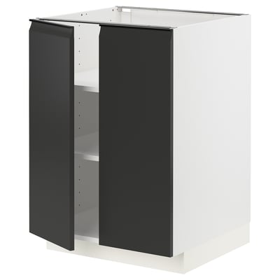 Modern white and black kitchen cabinet with adjustable shelves and nickel-plated hinges.
