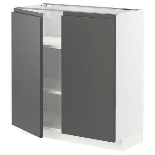 Modern grey kitchen cabinet with integrated handles and adjustable shelves.