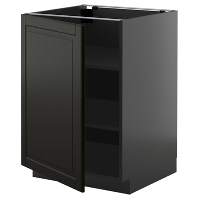 Black METOD kitchen cabinet with bevelled edges, rectangular shape. Includes two adjustable shelves, one open door.