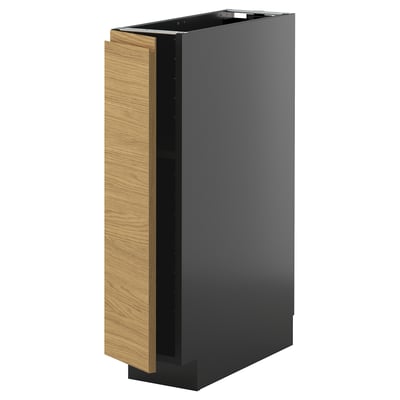 A modern, tall, gray kitchen cabinet with a light wooden door and a minimalist design.