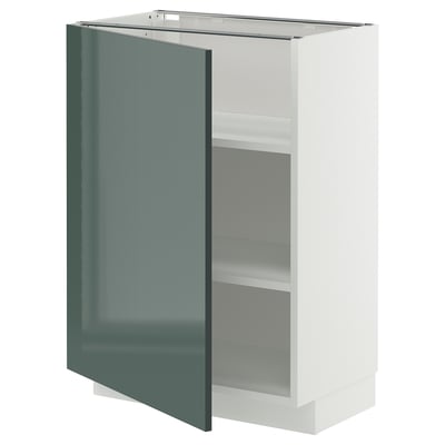 METOD kitchen cabinet, high-gloss grey-green, white interior, adjustable shelves.