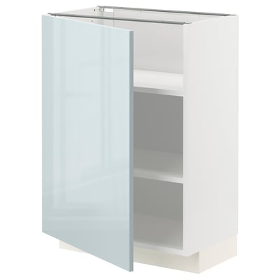 A modern, white METOD kitchen cabinet with a glossy grey-blue door and adjustable shelves.