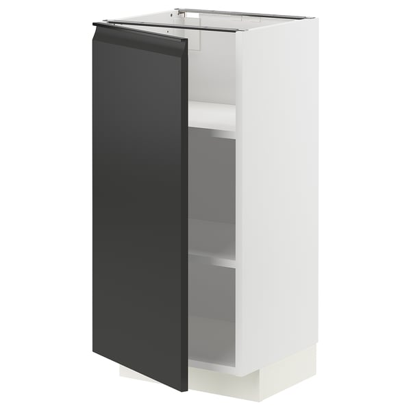 Modern kitchen cabinet, METOD series, white & matte black, rectangular shape, sleek design with snap-on hinges, adjustable shelves.